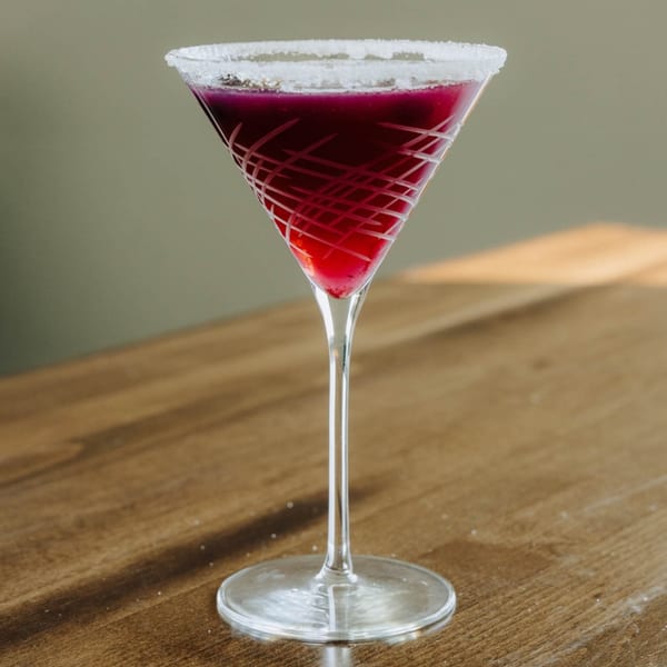A vibrant red cocktail in a sugar-rimmed martini glass with etched designs on a wooden table.